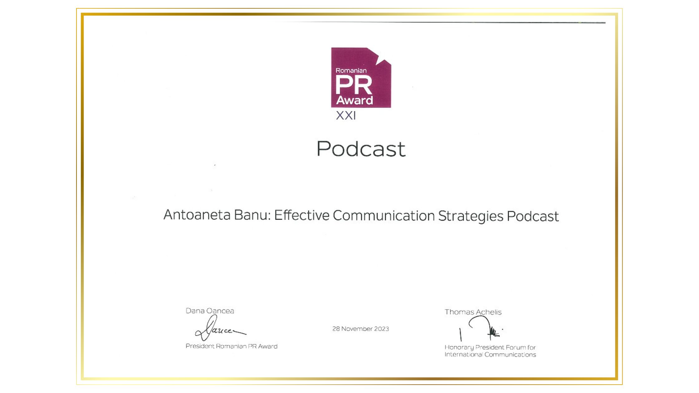 Premiu Romanian PR Award 2023 Podcast Antoaneta Banu